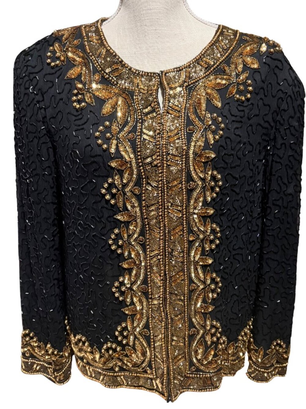 Vintage Black Gold Beaded Sequin Evening Jacket Floral Trophy Glam M